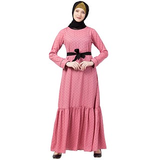 Polka dotted frilled abaya- Puce Pink